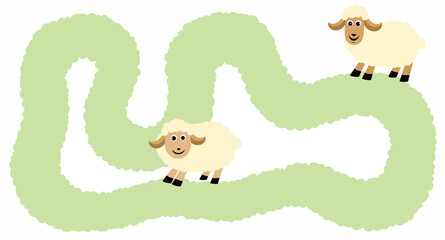 two smiling sheep on a light green path