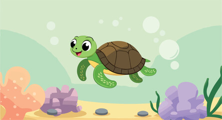 cheerful cartoon sea turtle swims happily in a vibrant underwater scene