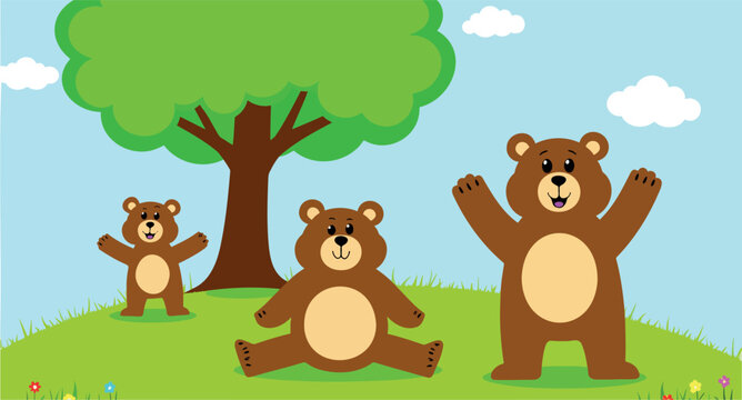 three cheerful brown bears playing under a green tree on a sunny day
