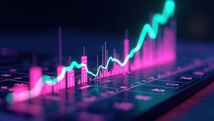 Dynamic financial graph with neon line chart displaying value fluctuations over time, set against a technology-inspired blurred background, emphasizing market analysis and data trends.