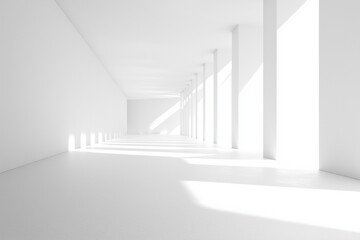Fototapeta premium Walking Through White Hallway with Sunlight and Pillars Perspective View