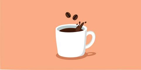 splash of dark coffee in a white mug against a background.
