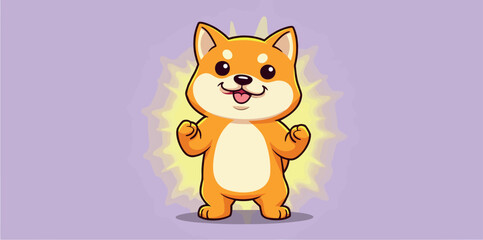 cheerful cartoon shiba inu puppy with clenched fists and a golden aura
