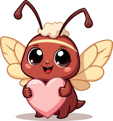 adorable cartoon insect with wings holding a heart