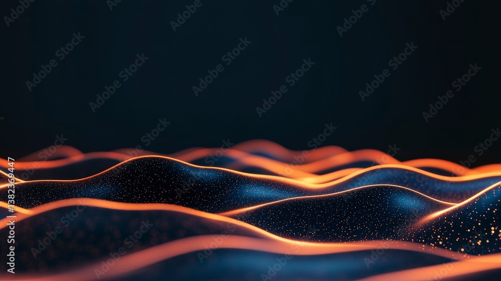 Poster abstract flowing waves with glowing neon lines in dark background for creative projects