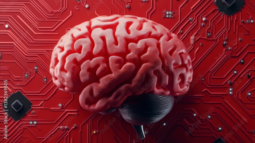 Poster hyperrealistic digital brain processing on circuit board background