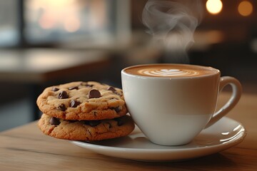 Steaming latte art in a white cup sits beside two delicious chocolate chip cookies on a wooden table Perfect for cafe or coffee shop menus