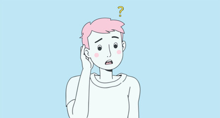 Obraz premium person with pink hair thoughtfully touches their ear contemplating a question.