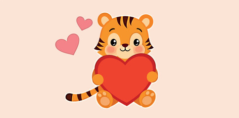 adorable tiger cub holding a big red heart