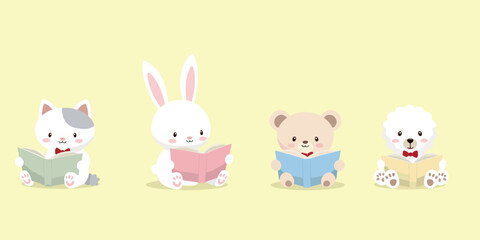 four adorable animals—a cat rabbit bear and dog—engrossed in reading books