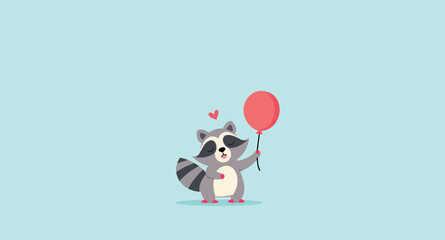 contented raccoon joyfully holds a red balloon.