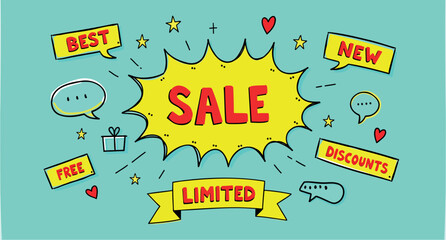 limited time sale announcement with speech bubbles and bright colors