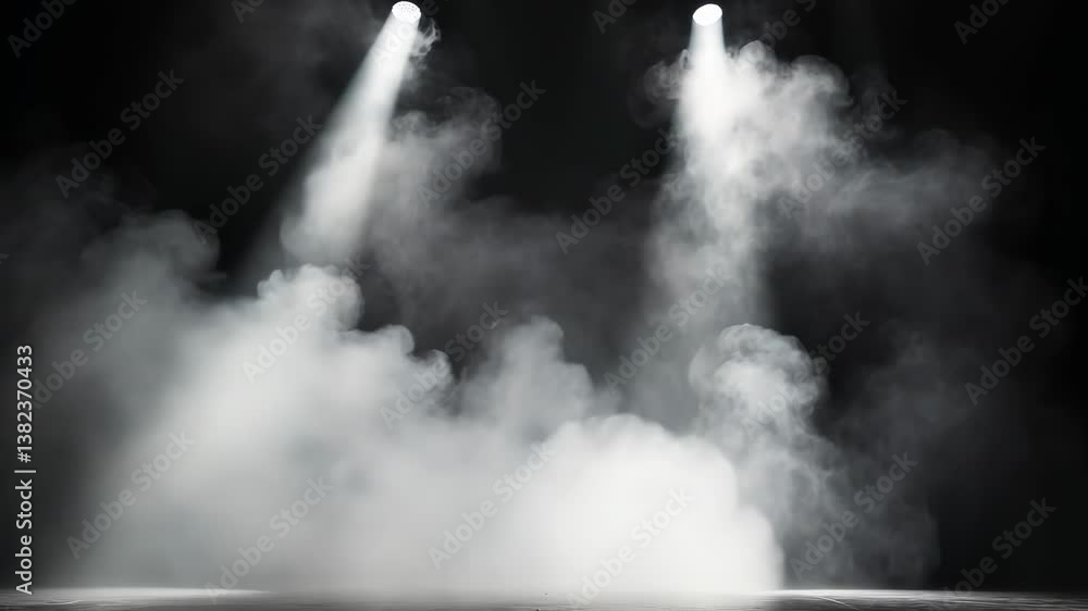 Poster bright stage lights illuminate smoke in a dramatic setting for a performance or event in a theater o