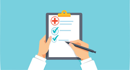 hands of a medical professional filling out a checklist on a clipboard