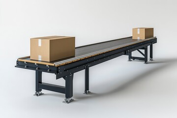 Conveyor belt system transporting cardboard boxes in a minimalist warehouse setting