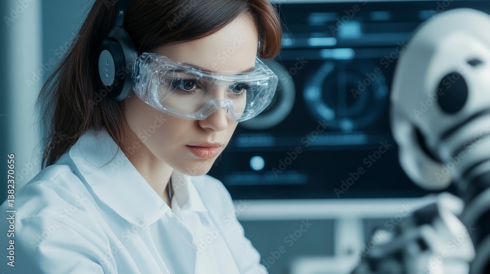 Poster scientists in a futuristic ai lab engaging with advanced robotics technology