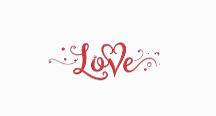 elegant red lettering of the word love with heart shape and swirls