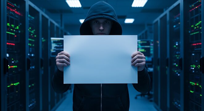 Hacker in hoodie, server room, rack servers Person holding a blank sign Cybersecurity marketing, ethical hacking branding, data protection promotion. - Powered by Adobe