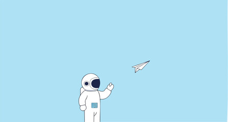 cartoon astronaut watches a paper airplane soar against a pale blue backdrop