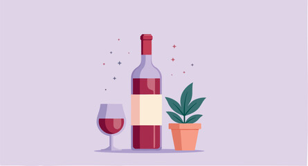bottle of red wine with a glass and potted plant