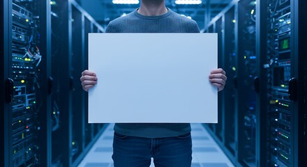 IT specialist in casual sweater, server room, rack servers Person holding a blank sign Technology services marketing, IT branding, data center promotion.