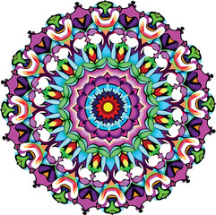 vibrant circular mandala with intricate shapes and a kaleidoscope of colors