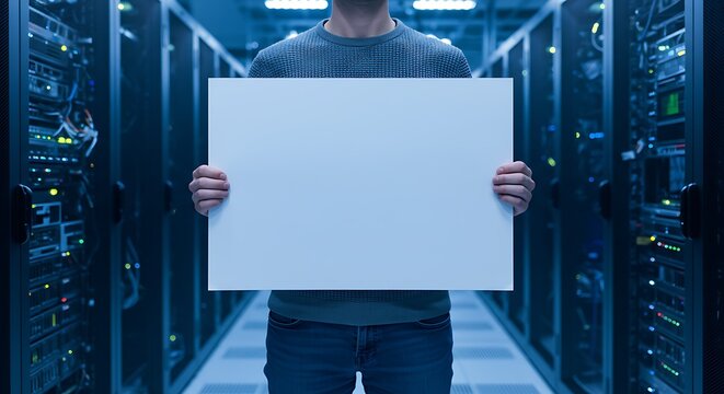 IT specialist in casual sweater, server room, rack servers Person holding a blank sign Technology services marketing, IT branding, data center promotion. - Powered by Adobe