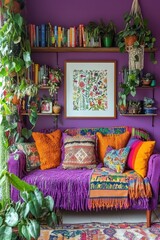 Cozy and Colorful Home Interior with Plants, Purple Wall, and Vibrant Decorative Cushions