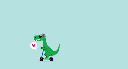 happy green dinosaur riding a scooter with a heart-shaped speech bubble