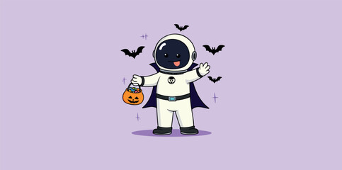 cheerful cartoon astronaut in a halloween costume holding a pumpkin-shaped candy bag