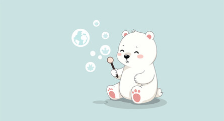 cheerful bear blowing earth-shaped bubbles