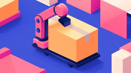 Detailed Isometric 3D Scene of AI Driven Robotic Arm Handling Cargo in Vibrant Colors