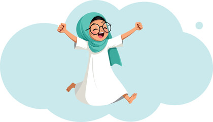 joyful girl in a teal hijab and white dress playfully jumps in the air