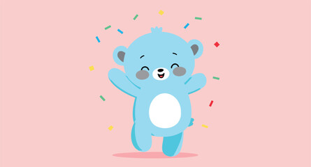 cheerful light blue cartoon bear amidst colorful confetti