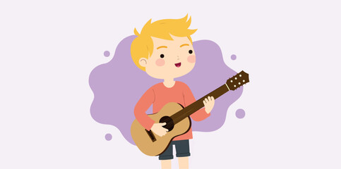 cheerful blond boy joyfully playing an acoustic guitar