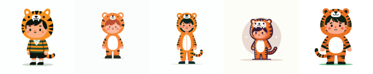 a set of vectors of boys wearing tiger costumes