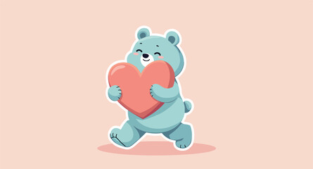 cheerful blue bear carrying a big heart