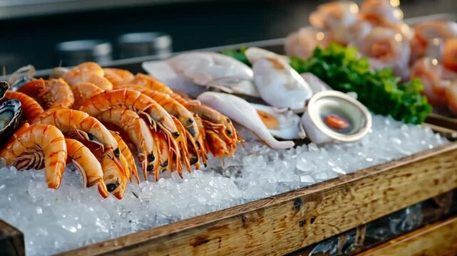 Fresh seafood display on ice in a market setting with shrimp, oysters, and clams