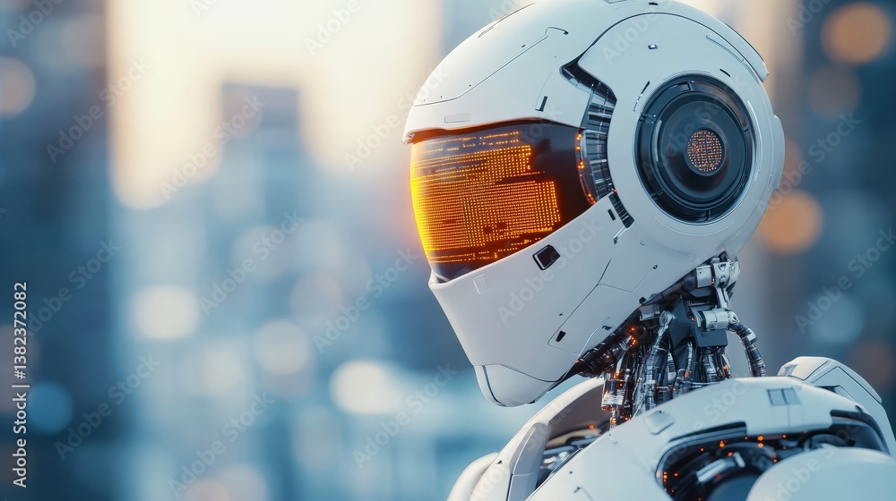 Poster futuristic 3d artwork of a robotic ai assistant with a visor and complex mechanics