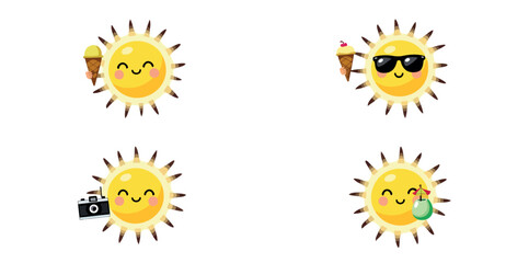 four happy cartoon suns enjoying summer activities