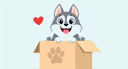 playful husky puppy in a cardboard box