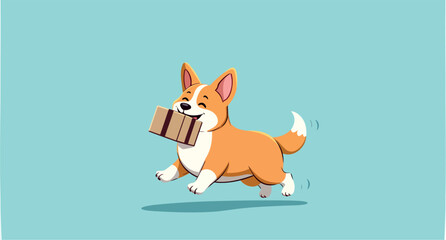 happy corgi dog playfully carries a small cardboard box