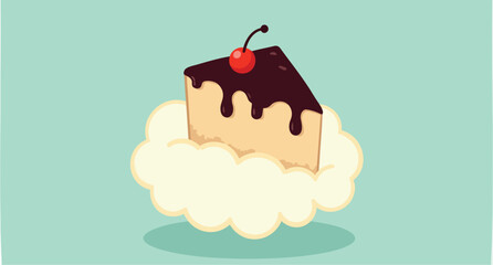 single slice of chocolate cake with cherry topping rests on a cloud