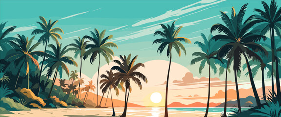 A tropical sunset on the beach scene with palm trees and a sandy shoreline. The sky is blue and there are some clouds. Scene is peaceful and relaxing