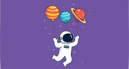 Naklejka premium cheerful astronaut in space holding colorful planet balloons