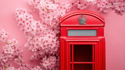 Obraz premium Vibrant Red Traditional Telephone Booth with Cherry Blossoms on Pink Background