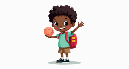happy young boy with a backpack and basketball waves cheerfully