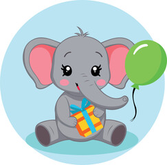 adorable baby elephant cartoon character holding a gift and balloon