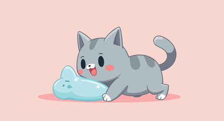 playful grey kitten interacting with a light blue object