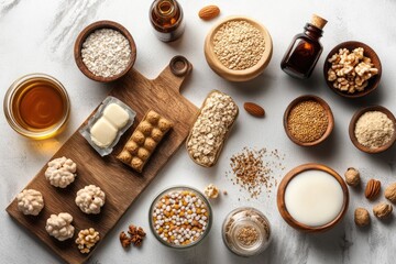 An Overhead Arrangement of Various Natural and Healthy Food Ingredients for Cooking